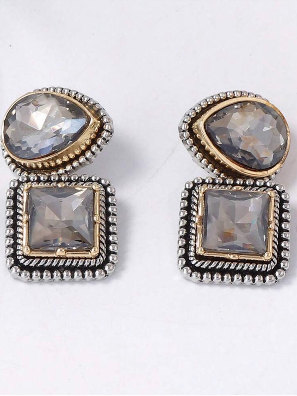 Elegant Gold and Silver Teardrop & Square Stone Earrings - Women Jewelry